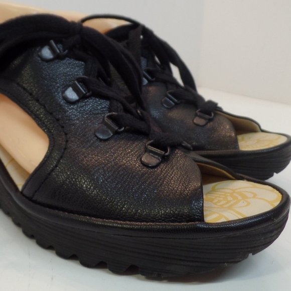 Fly London Shoes - FLY London Black Leather Wedge Lace Up Sandals Shoes "Ylfa" Size 41 or US 10.5